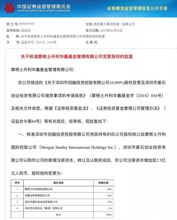 大摩华鑫证券_首家外资控股基金公司_摩根士丹利华鑫基金股权变更